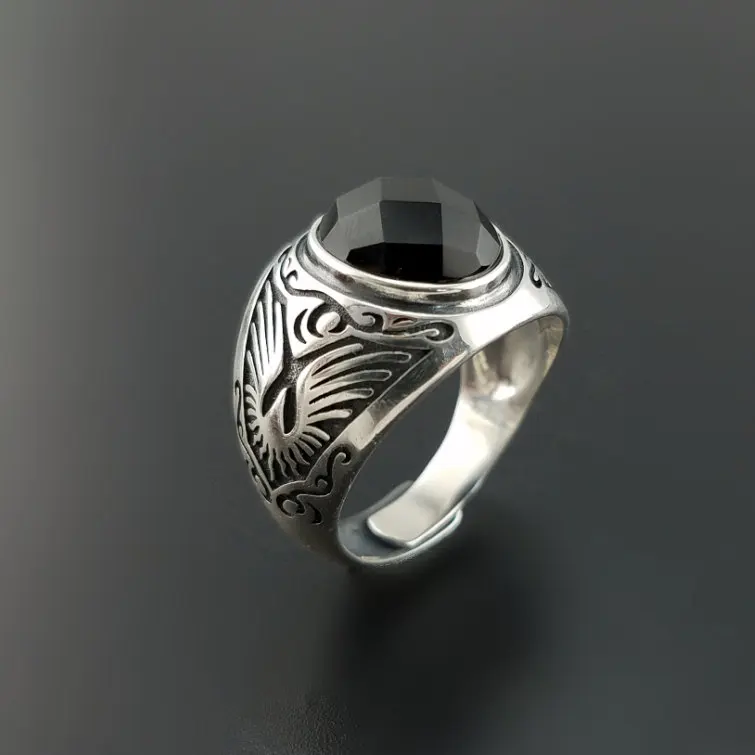 

Solid Silver 925 Natural Black Onyx Stone Rings Men Natural Stone Real 925 Sterling Silver Jewelry Men Vintage Thick Band Gifts