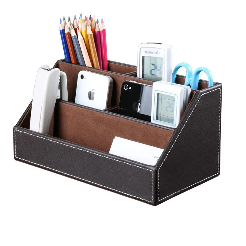 

HOT-Home Office Wooden Struction Leather Multi-function Desk Stationery Organizer Storage Box, Pen/Pencil ,Cell phone, Busines