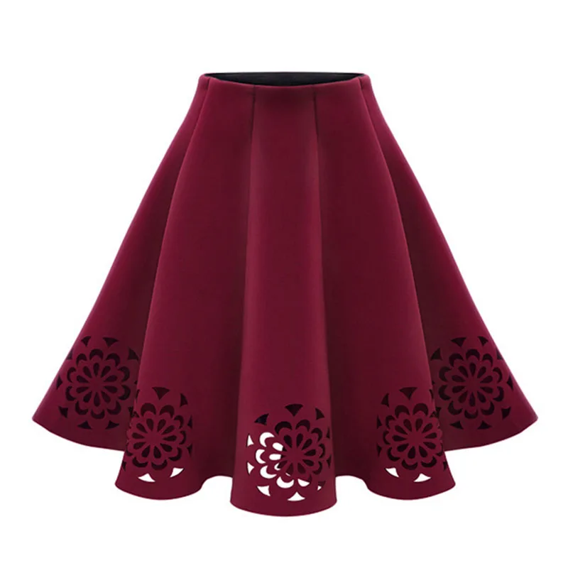 

Midi Skirt 2019 Elegant Vintage Floral Crochet Black White Red Women High Waist A Line Zipper Sun Skirts