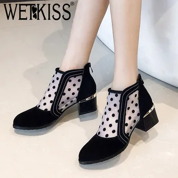 

WETKISS Polka Dot Mesh Ankle Boots Women Round Toe Footwear Flock Thick High Heels Boots Female Casual Shoes Woman Spring 2019