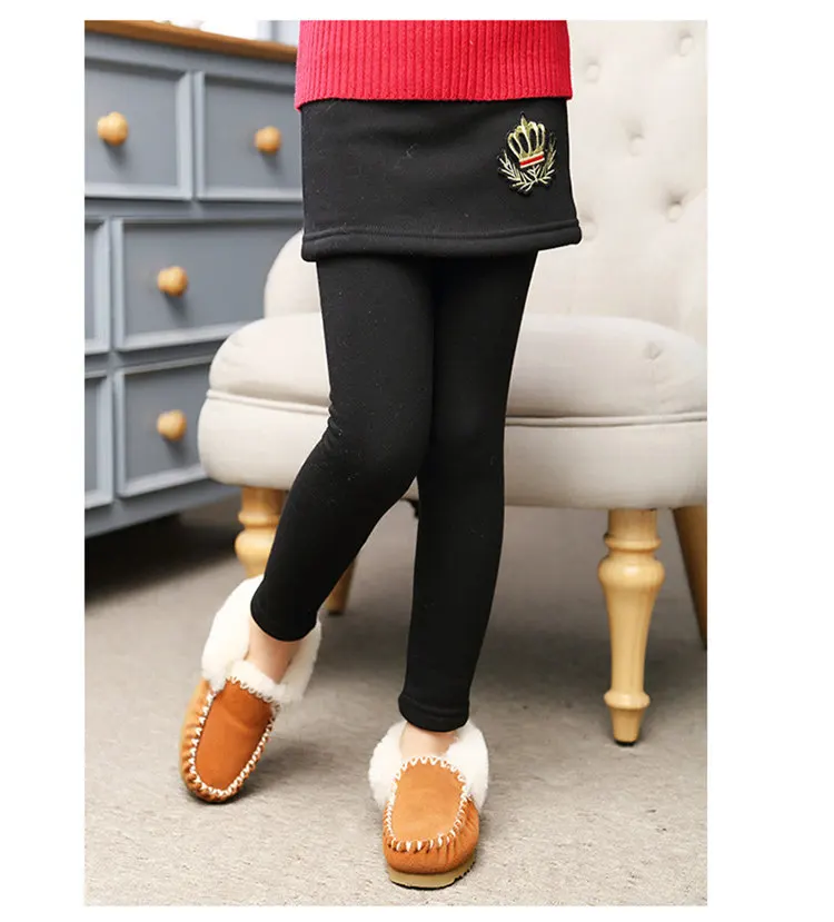 3-12 y children girls leggins winter leggings girls pants fleece warm leggings girl pantskirt solid color crown appliques (9)