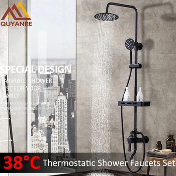 

Quyanre Black ORB Thermostatic Shower Faucets Set Rain Shower Commodity Shelf Dual Function Spray 3 Way Mixer Tap Bath Shower