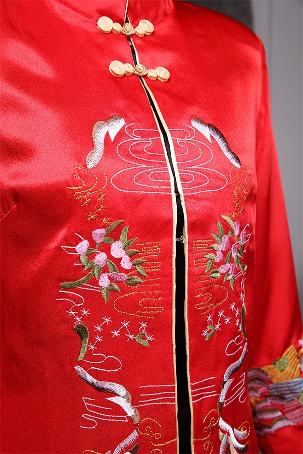 blanc De Classique Poitrine Costume Style À Femmes Satin Taille Col 3xl Chinois Unique V Longues Noir Broderie Manteau Manches Veste Tang rouge Noir S q84Eg4w