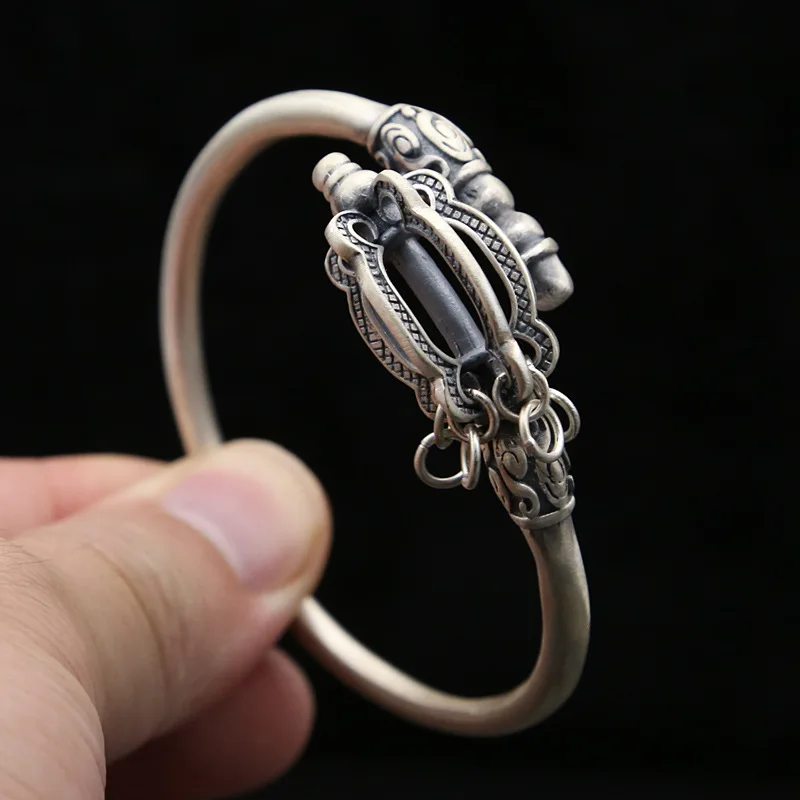 

Starfield S925 Sterling Silver Jewelry Vintage Thai Silver Journey Tang Abdomen Ward Protector Slim Staff Men Open Ended Bangle