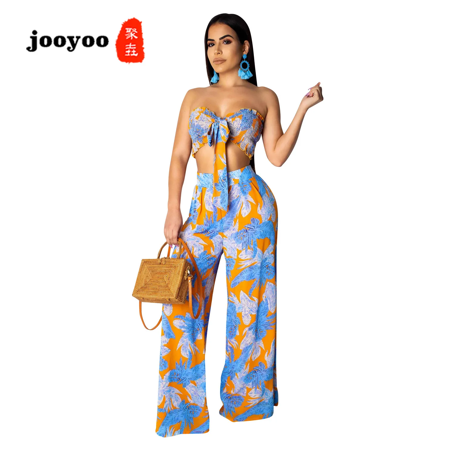

2 Pieces Suits Sets Women Leaves Pattern Off Shoulder Crop Tops With Flare Long Pants Ruffle Slash Neck Summer 2PCS Suit Sets