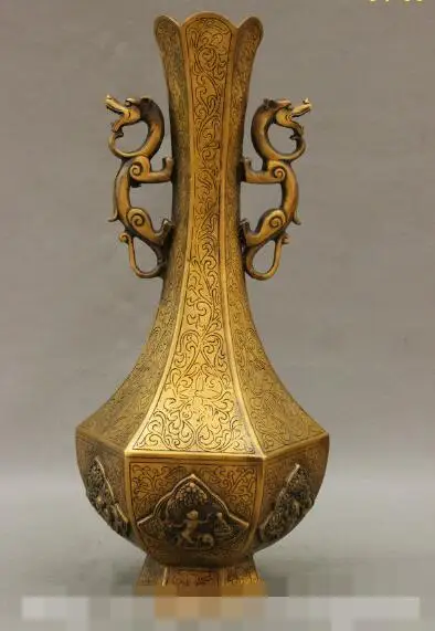 

S3735 20" Huge Tibet Buddhism Bronze Dragon Protect Buddha Set Statue Bottle Vase Pot