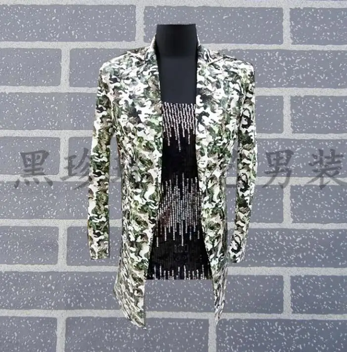 

Men Suits Designs Camouflage medium-long Stage Costumes For Singers Men Sequin Blazer Dance Clothes Jacket Style Dress Fashio
