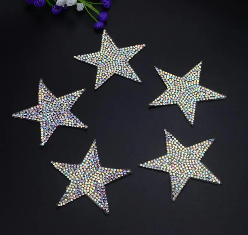 

Free ship Sparkling AB color crystal rhinestone Five-pointed star design patches sequined shoes/hats/bags applique iron on motif