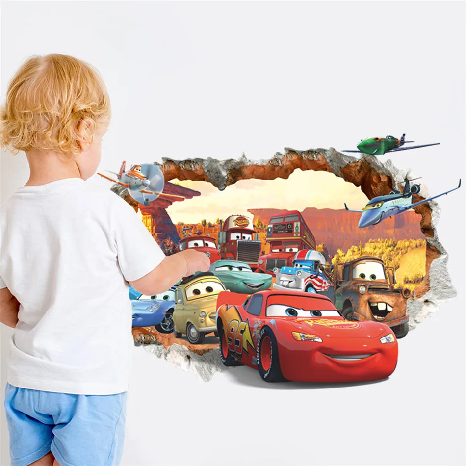 

3D Broken Wall Decor Decals For Boys Bedroom Self Adhesive Kids Room Wallpaper Cartoom Cars Poster Mural McQueen Wall Stickers