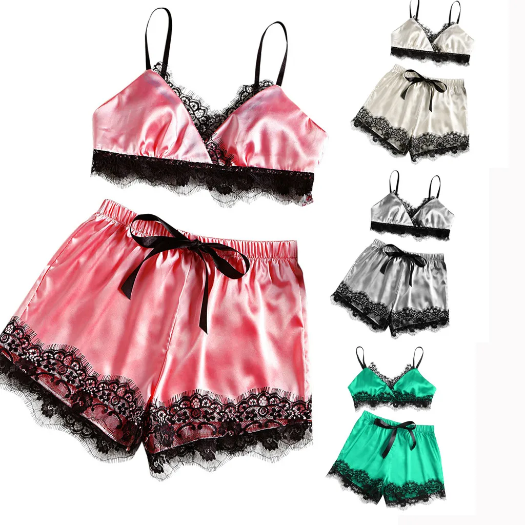 

Hot Sale 2019 Womens Plus Size Eyelash Lace Sexy Lingerie Bodydoll V-neck Lace Details Pajamas Set New Fashion Home Clothes Lady