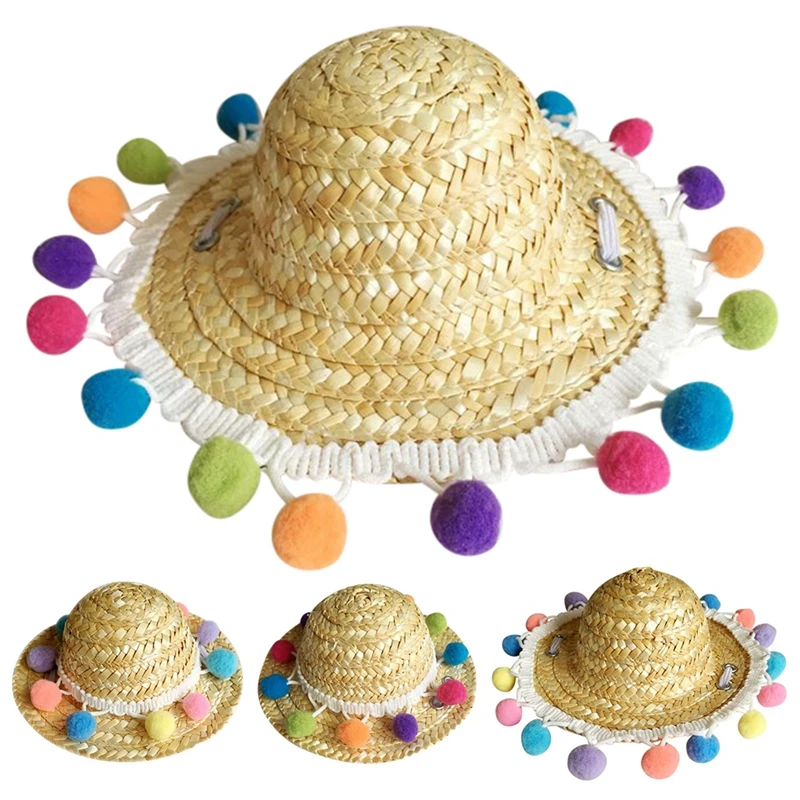 Соломенная шляпа для домашних животных с разноцветным помпоном, собачий Кот, мексиканское соломенное сомбреро, регулируемая ручная работа, летняя кепка, козырек, вечерние шляпы