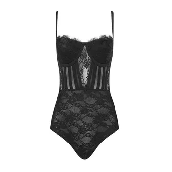 

Women Summer Bodysuit Beach Fashion Sexy Transparent Lace Black Bandage Bodysuit One Piece Designer Bodycon Bodysuit