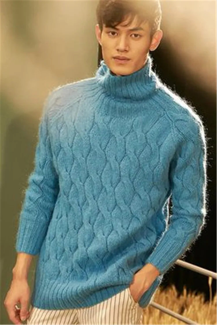  100%hand made wool blend turtleneck knit men twisted solid pullover sweater one&over size