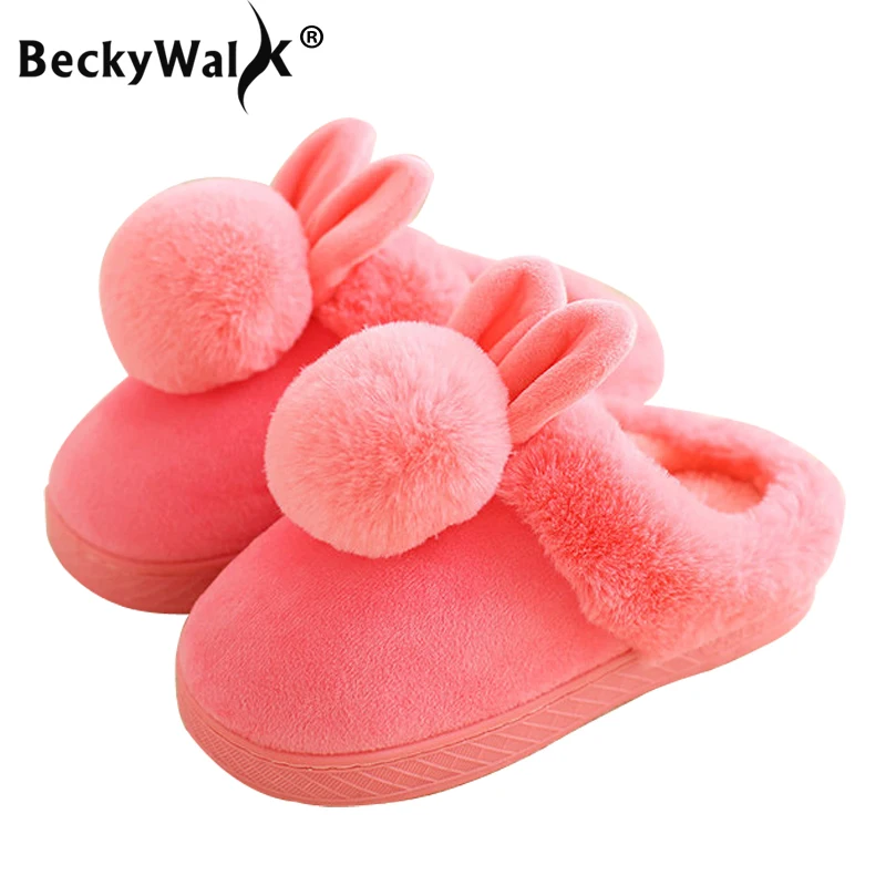 

BeckyWalk Winter Plush Indoor Slippers for Girls & Boys Cartoon Ears Kids Slippers Cute Children Shoes Warm Home Slippers CSH696