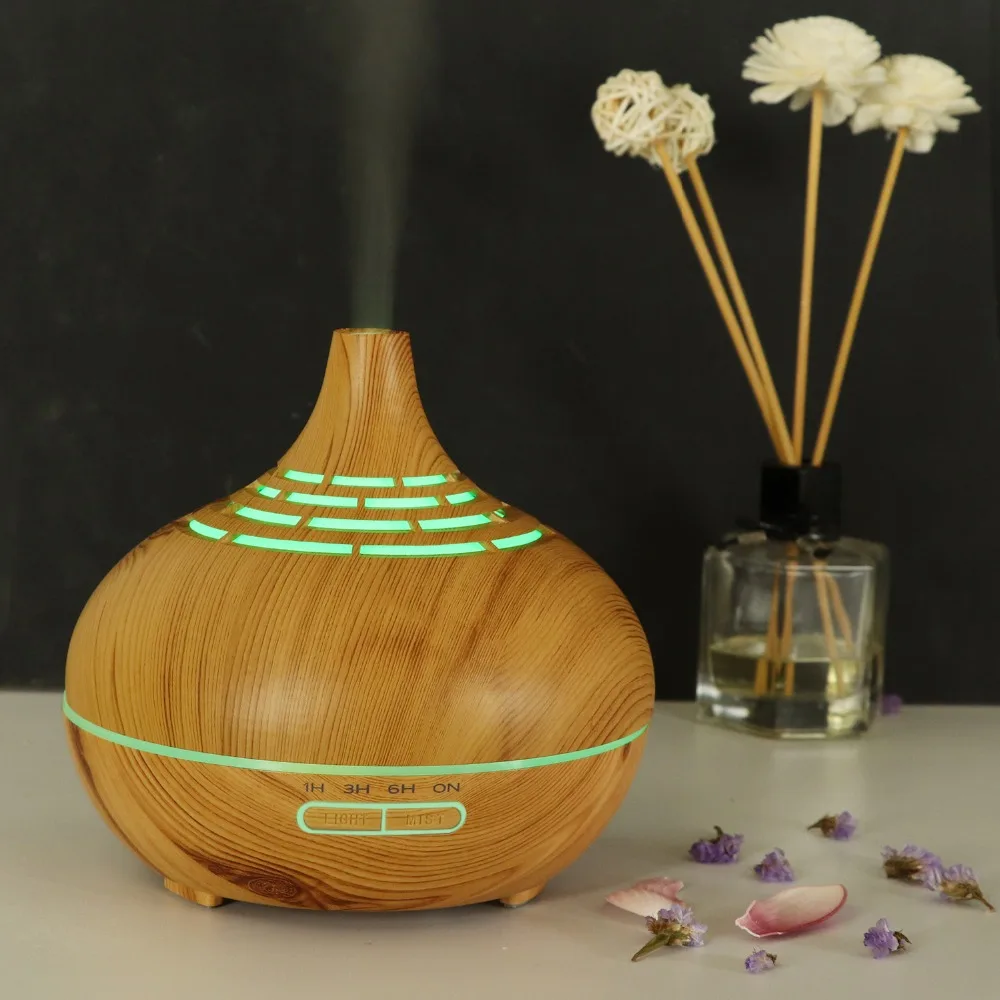 

400ml Aroma Essential Oil Diffuser Wood Grain Hollow Ultrasonic Air Humidifier With 7 Color Soothing Light For Home Bedroom Yoga