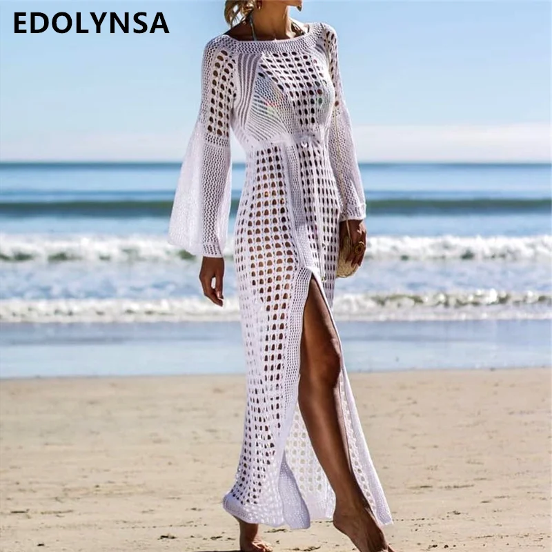 

2019 Crochet Tunic Beach Dress Cover-ups Summer Women Beachwear Sexy Hollow Out Knitted Swimsuit Cover Up Robe de plage #Q716