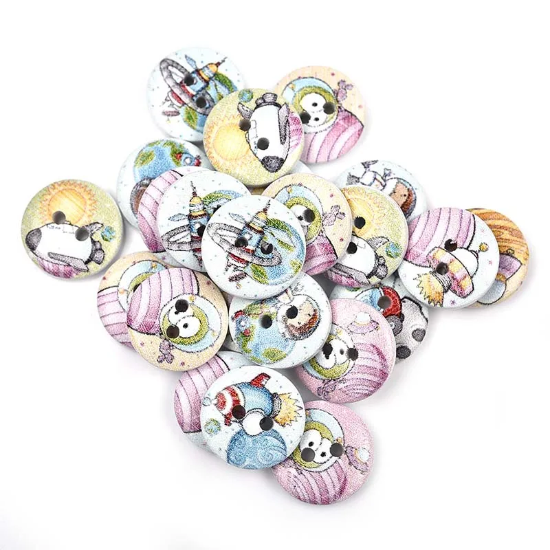 50Pcs 2 Holes Princess Cat Heart Robot Printed Wooden Button Round 15mm Decorative Wood Buttons For Clothing Sewing Decoration