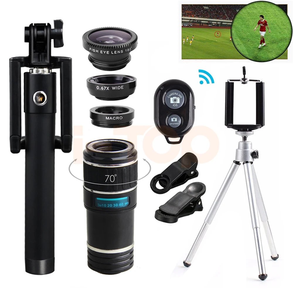 12X Zoom Telephoto Lens Kit Telescope With Selfie Stick Fisheye Wide