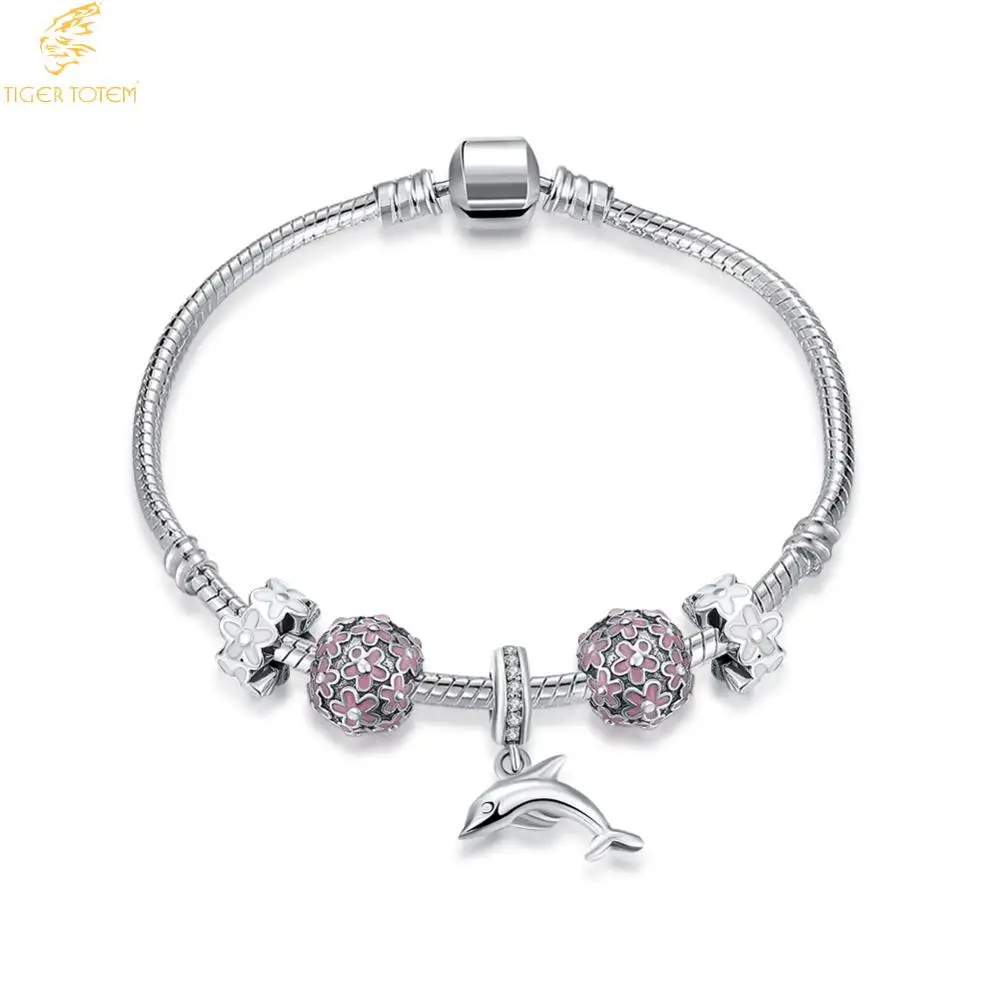

tiger totem Antique Silver Charm Bracelet with Love dolphin and Flower Crystal Ball Women Wedding girdfriend Gift Free Shipping