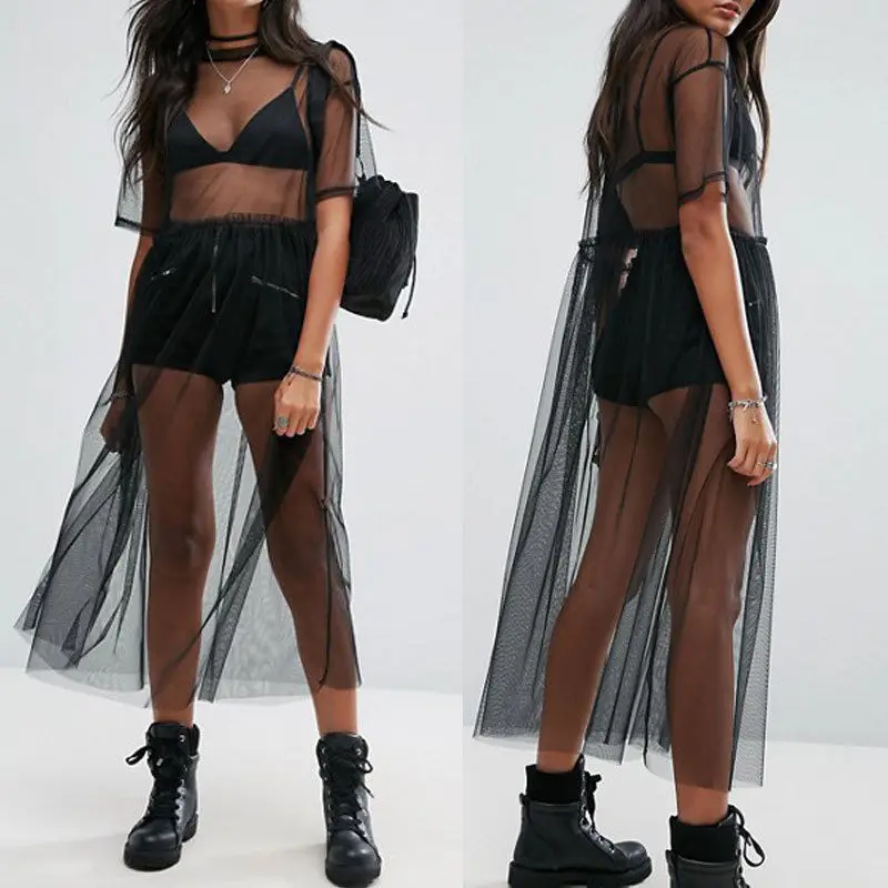 Women Dresses Sexy T-Shirt Women Black Gauze Mesh Sheer Tops Sheer Long Shirts Casual Loose T-Shirts Transparent Long Short Sleeve Tops