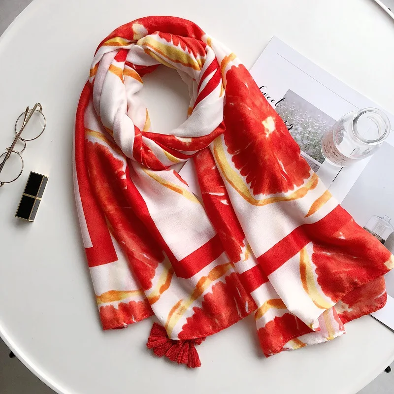 

2019 Newest Women Pomelo Print Tassel Scarves Shawls Long Cotton Ombre Fruit Tassel Beach Hijab Muffler Wrap 10pcs/LOT
