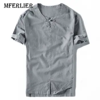 

MFERLIER Summer men shirt cotton linen 4XL Bust 106-126cm shirt men 3 colors