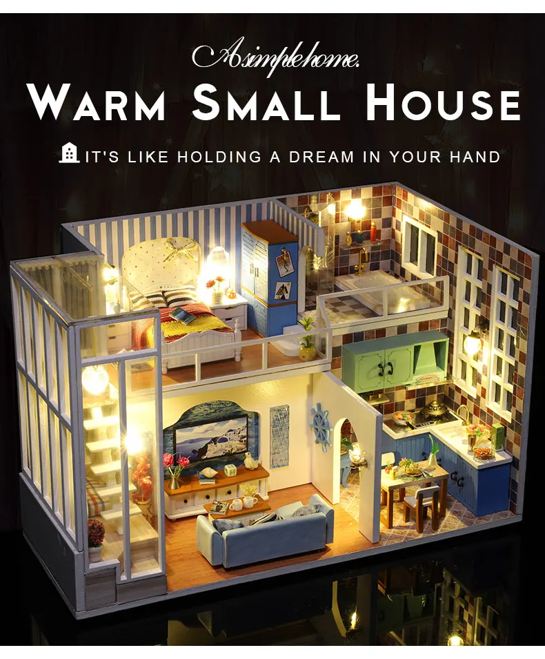 Casa em Miniatura com Móveis Blocos de Construção Brinquedos para Crianças Casa de Boneca Cutebee Faça Você Mesmo Música Poeira Capa Modelo J16 Led 14 ArquiteturaCasa DIYMiniaturas