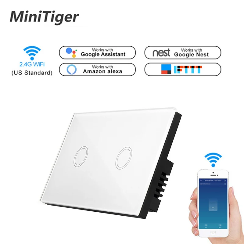 Minitiger стандарт США wifi умный сенсорный выключатель приложение беспроводной дистанционный светильник настенный выключатель Хрустальная стеклянная панель работа с Alexa/Google - Цвет: WiFi White 2gang