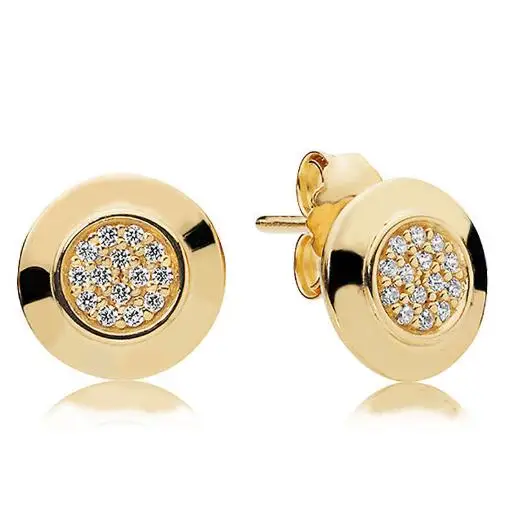 

Original 925 Sterling Silver Earring Pan Golden Signature With Crystal Stud Earring For Women Wedding Fine Jewelry