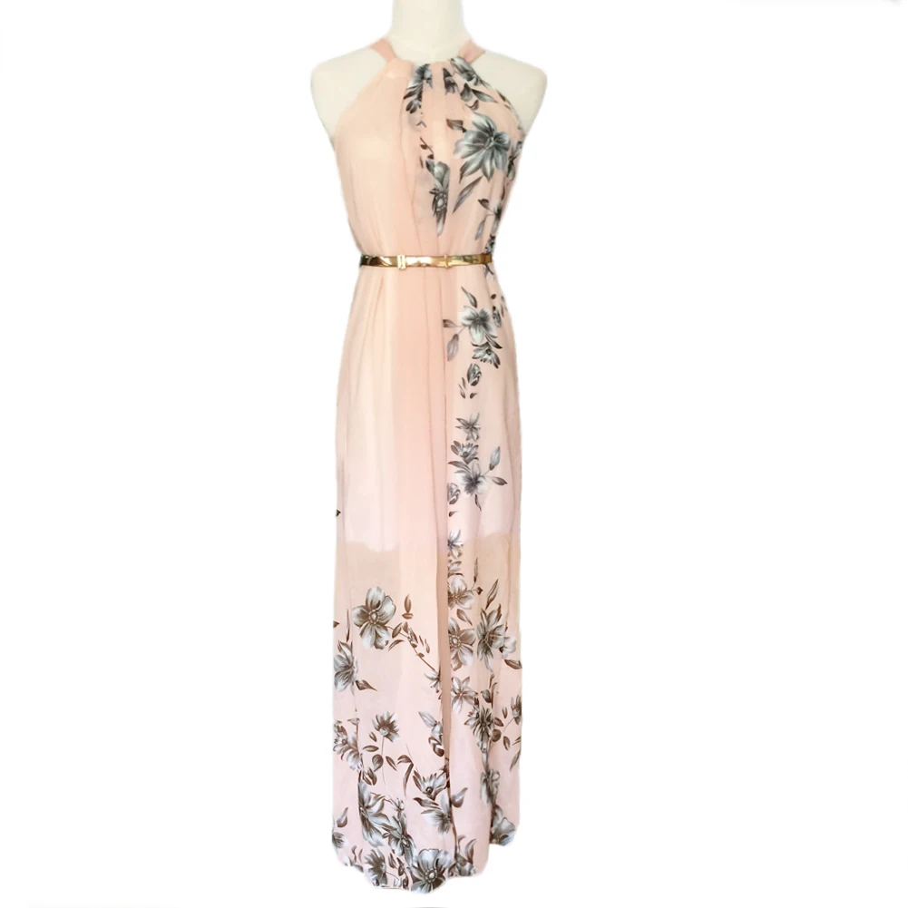 Сексуальное Женское шифоновое длинное платье с цветочным принтом, круглый вырез, без рукавов, платья для вечеринок, бохо макси платье, розовое летнее пляжное платье