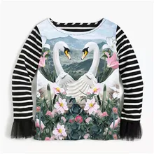 Рубашка для девочек Весенняя рубашка для девочек с рисунком белого лебедя и кружевными манжетами в стиле пэчворк детская одежда Полосатые блузки с длинными рукавами От 2 до 10 лет