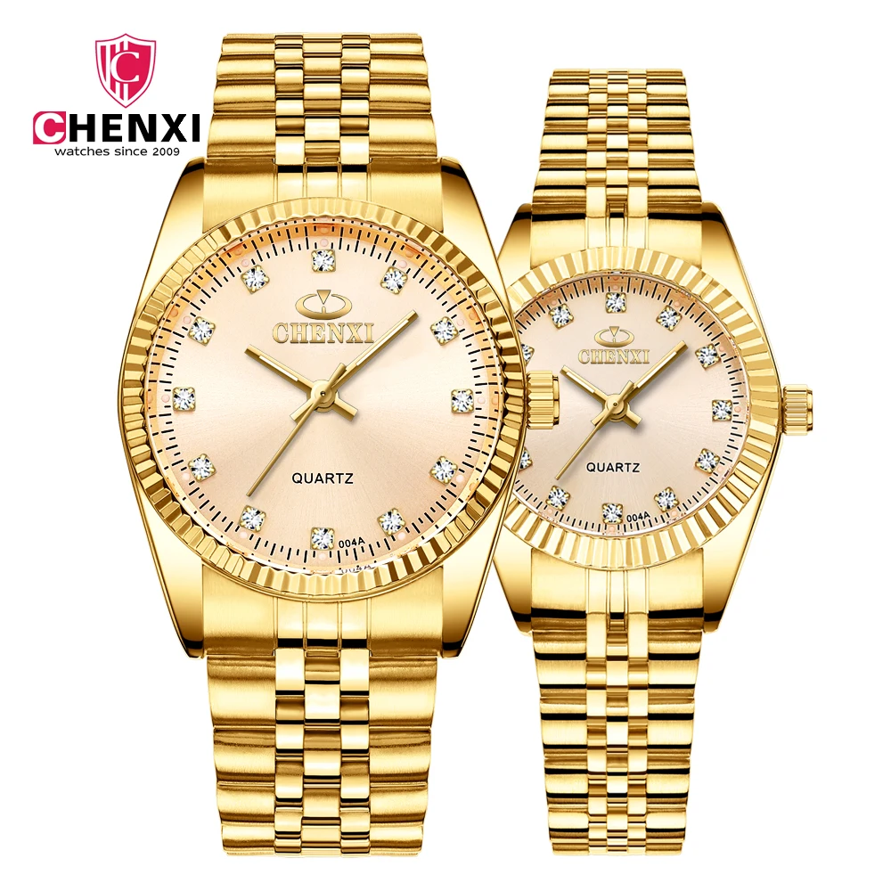Золотые часы для любителей наручных часов CHENXI Топ бренд класса люкс часы комплект водонепроницаемые часы мужские часы со стразами женские