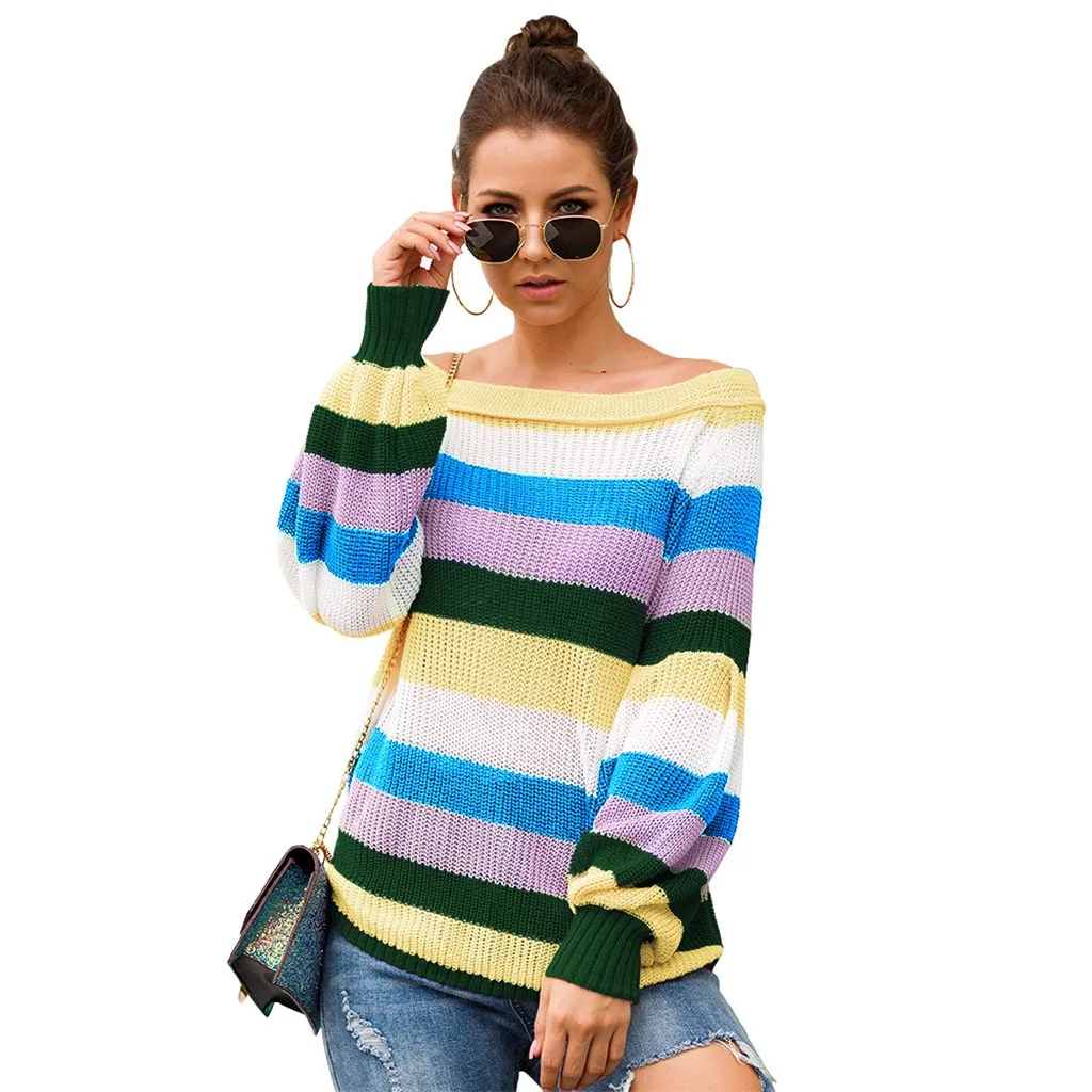 Sweater Women Oversized Sweater Knitted Sweater Patchwork Rainbow Stripe O-Neck Sweater Tops Sweter Sueter Mujer Invierno 2019