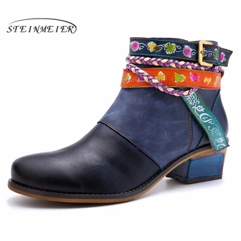 

Women winter Boots Genuine cow Leather Retro Ankle Comfortable quality soft Shoes Brand Designer Handmade blue 2019 spring