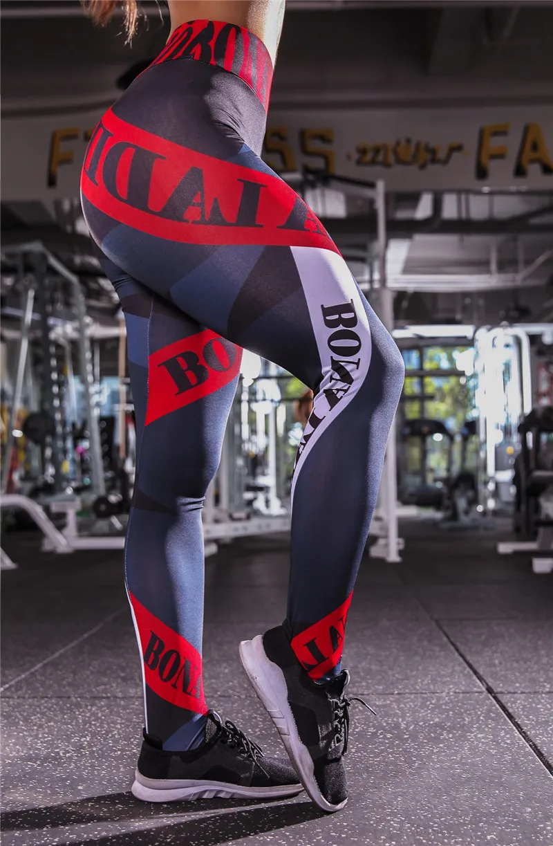 дешево! Леггинсы с принтом для писем Женщины Slim Fitness с высокой талией Упругие леггинсы для тренировки ч