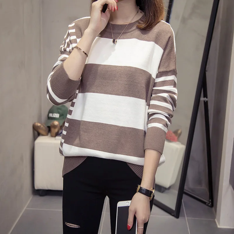 

Autumn Winter Sweater Women plus size Long Sleeve Stripe Contrast color Pullover Basic Sweaters Knitted Tops Femme