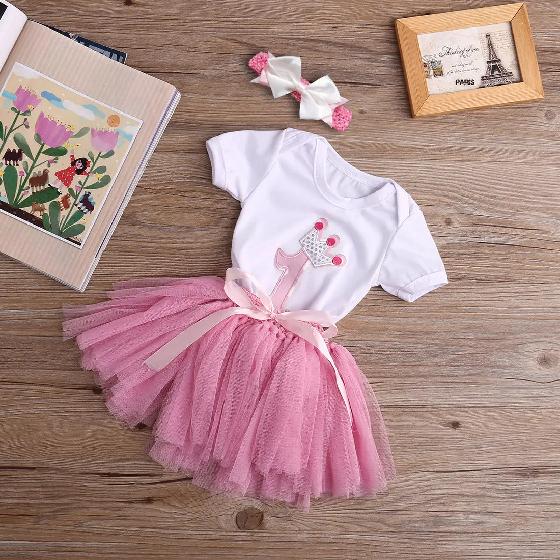 

2019 Newest Fashion 3PCS Baby Infant Girls Romper White Cotton T-Shirt Top+Headband+ Bowknot Skirt Birthday Skirt Outfits Set