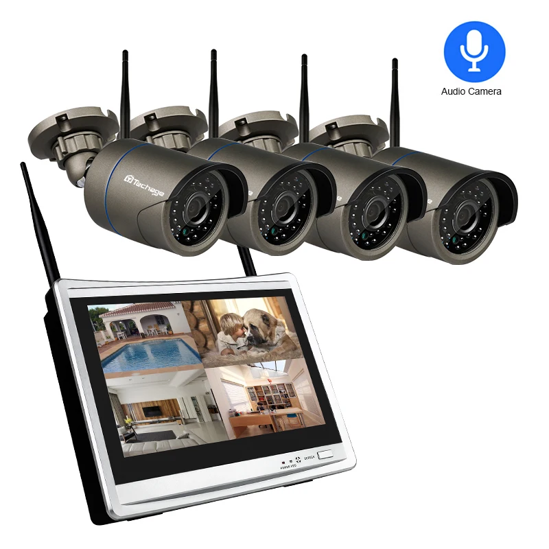 Techage 4CH 1080P Wireless 2MP Wifi Security Camera System 12 inch LCD Monitor NVR HD Audio Record