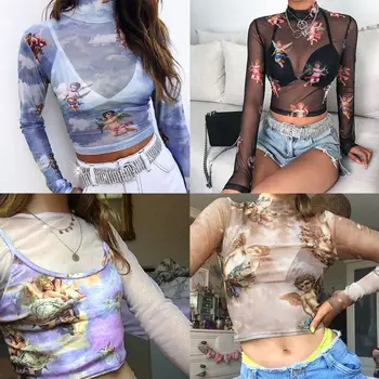 

Womens Summer Long Sleeves Mock Neck Crop Top Romantic Colored Angel Cupid Printed See Through Mesh Party Club Blouse