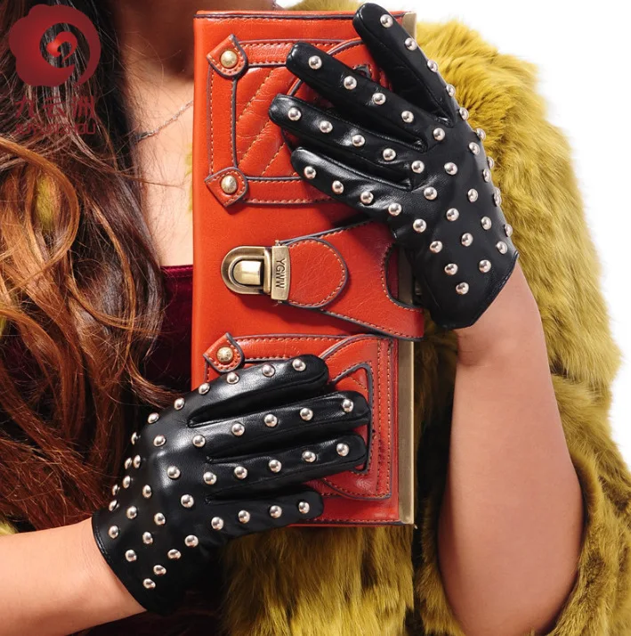 

Autumn and winter women's genuine leather sheepskin leather motorcycle gloves lady's punk rivet gloves sexy gloves