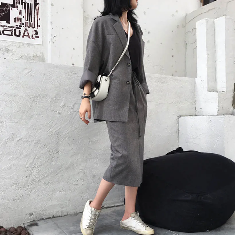 Gray Skirt Suits Ellacey, Весенняя мода, женские костюмы с юбкой, офисные, деловые, повседневные, ретро-костюмы, женский Блейзер, раздельная юбка, комплект из 2 предметов - Цвет: Gray Skirt Suits
