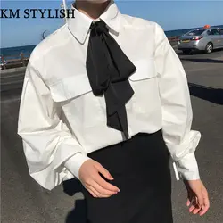 Дикий лук ленты с пышными рукавами рубашка блузка фонарь рукавами жемчужной пряжкой с черным галстуком белая рубашка