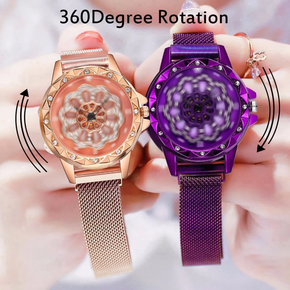 

Hot Fashion Women Magnet Buckle Lucky Flower Watch 360 Rotated Luxury Ladies Stainless Steel Quartz Watch For Dropshipping Clock