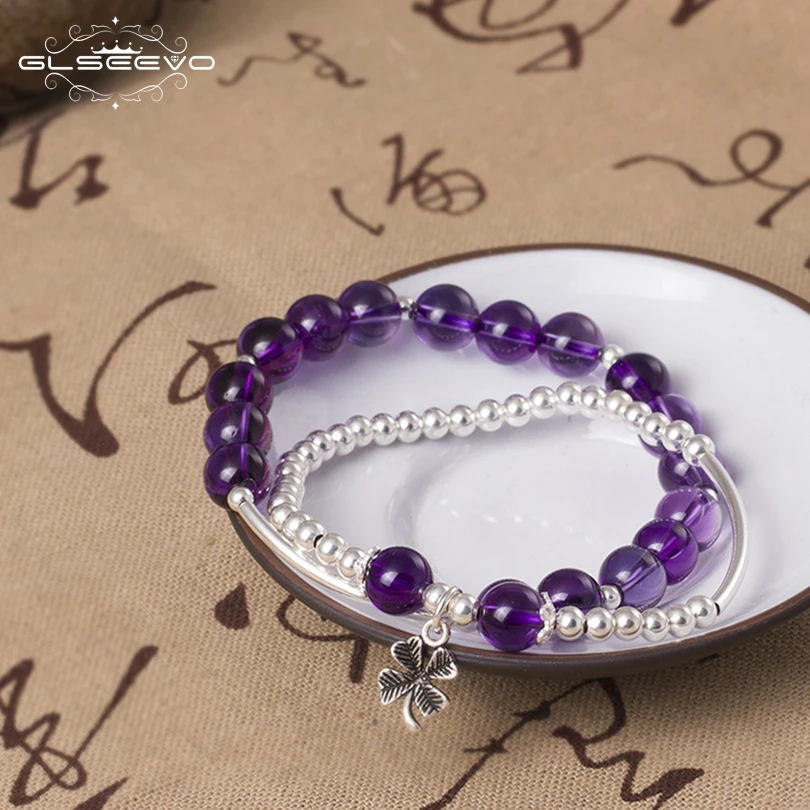 

GLSEEVO 925 Sterling Silver Natural Stone Amethyst Adjustable Combination Women's Bracelets With Flower Charms Jewelry GB0090