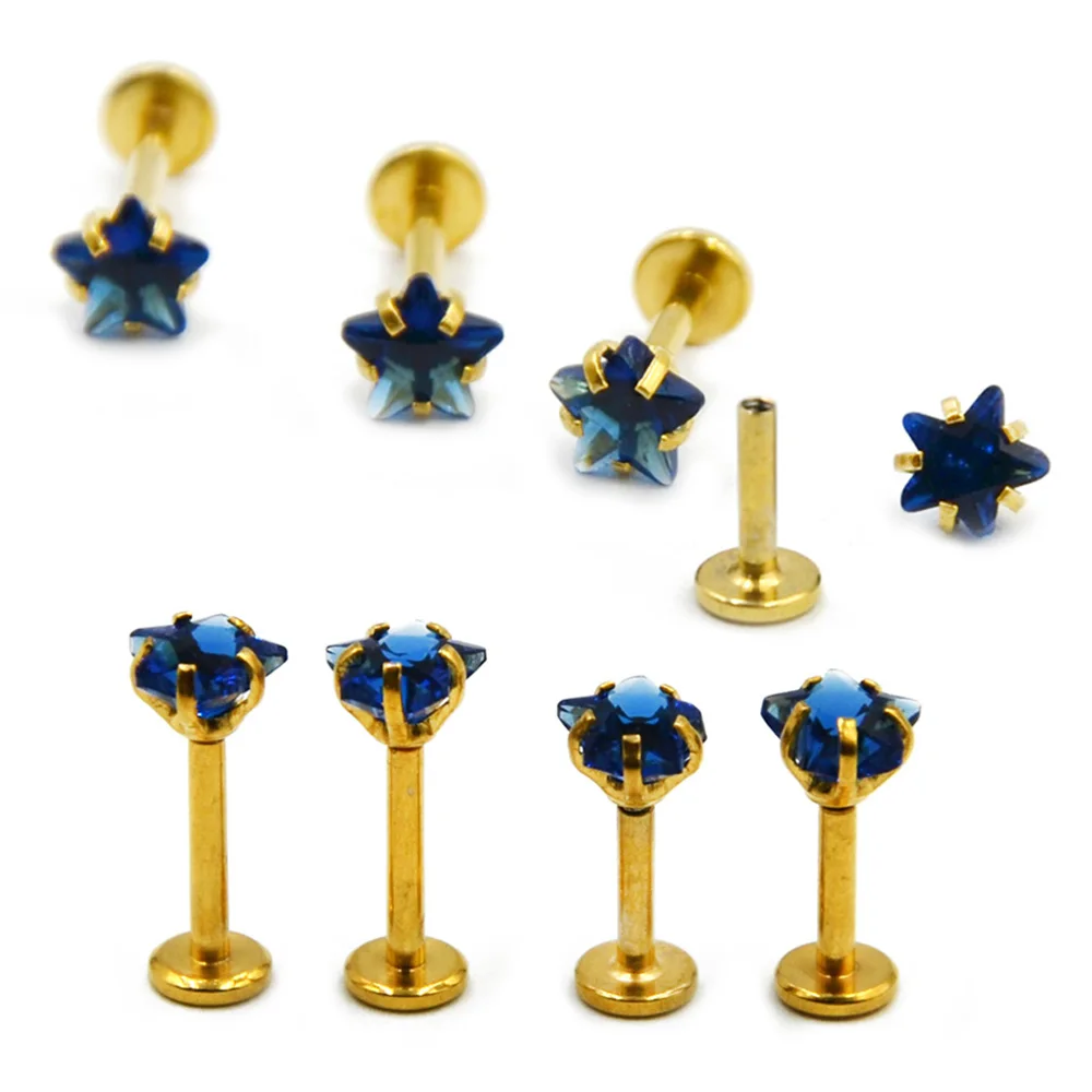 

Showlove-1PC Stainless Steel Gold Plate Star Gem Blue Zircon Lip Studs Ear Tragus Cartilage Earring Body Piercing Jewelry 16G