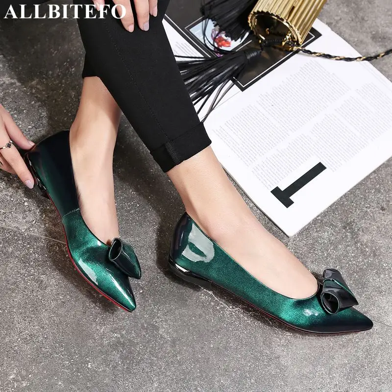 

ALLBITEFO large size:34-42 full genuine leather pointed toe low-heeled women shoes new spring office ladies shoes girls shoes