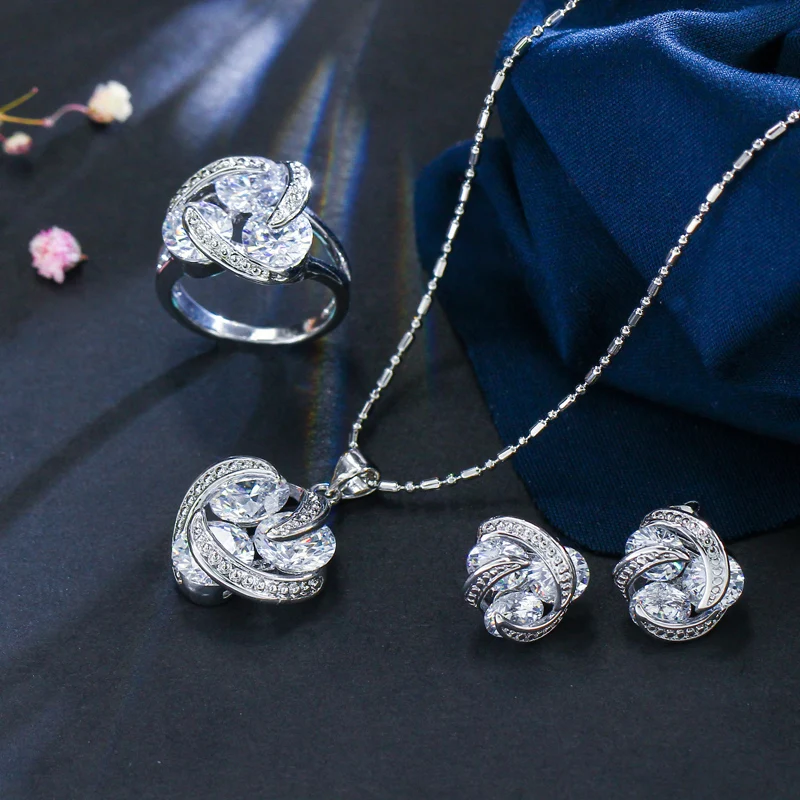 CWWZircons Fashion Geometric Multi Color Cubic Zirconia Cute Pendant Necklace Earring and Rings Jewelry Sets for Women T316