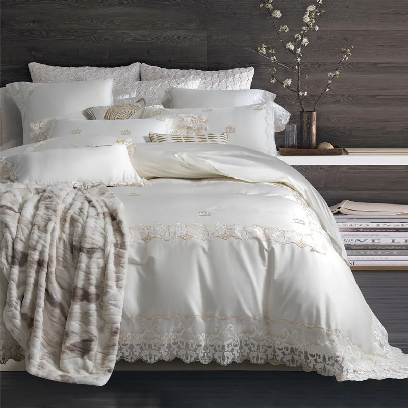 

Luxury 100S Egyptian cotton Embroidered Bedding sets White Lace Queen King Royal Duvet cover Bed sheet set Pillowcases 4/6pcs