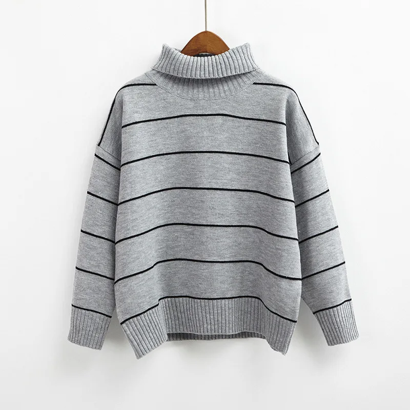 

Autumn Winter Women Casual Pullovers Sweaters Knitted Sweater Loose Striped Turtleneck Sweaters 6 Colors