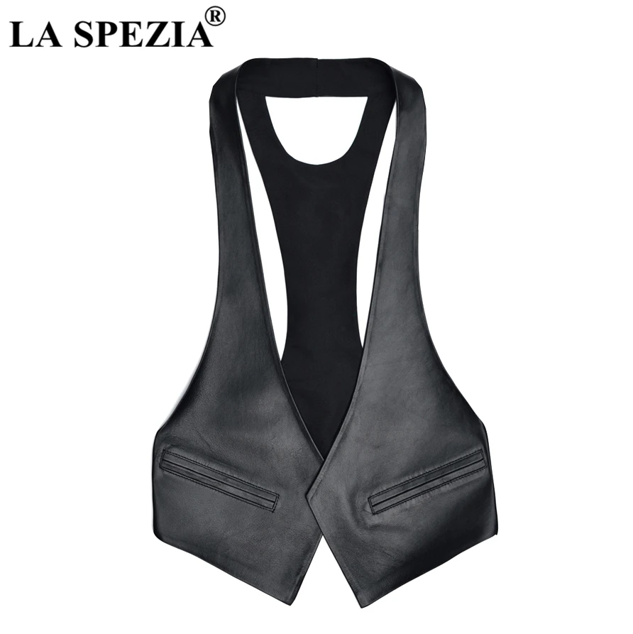 LA SPEZIA Short Vests Woman Leather Slim Red Waistcoat Pockets Ladies Office Real Leather Cardigan Casual Autumn Fashion Vest
